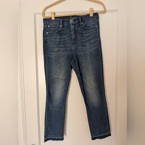 GAP True Skinny High Rise Cropped Jeans Frayed Let-Down Hem Dark Indigo Size 30
